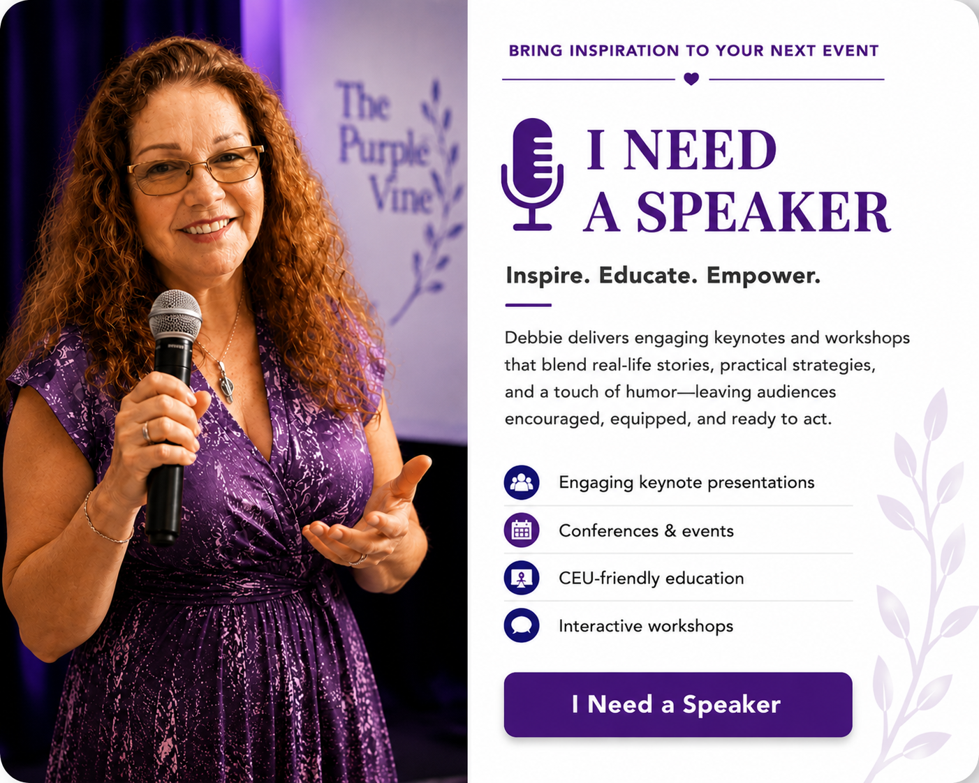 Debbie Compton speaker card for conferences, keynotes, and workshops