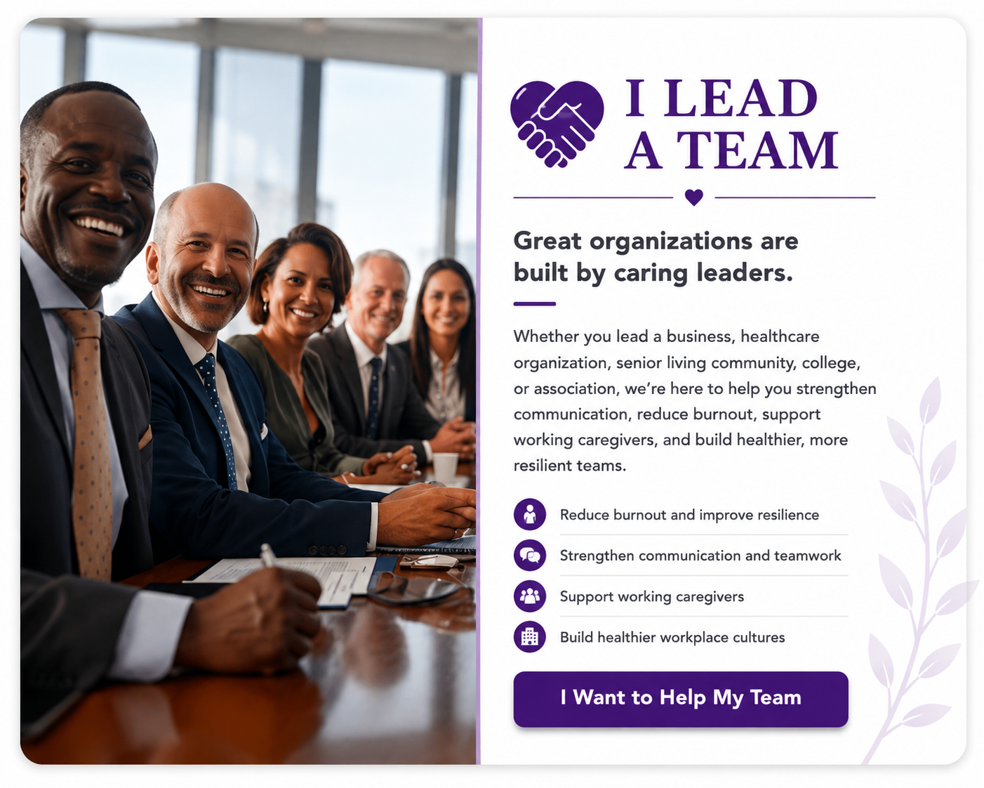 Team leadership and workplace support card for organizations